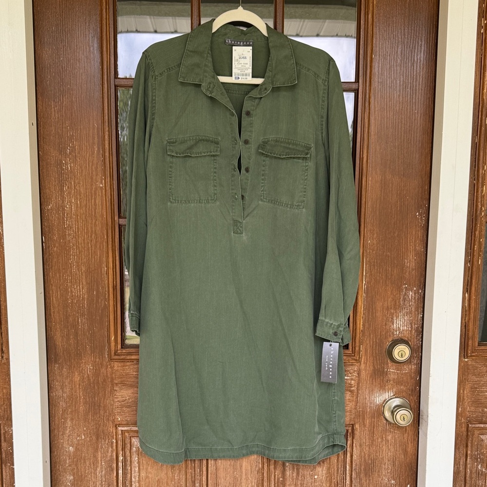 Sharagano Olive Green Long Sleeve Shirt Dress